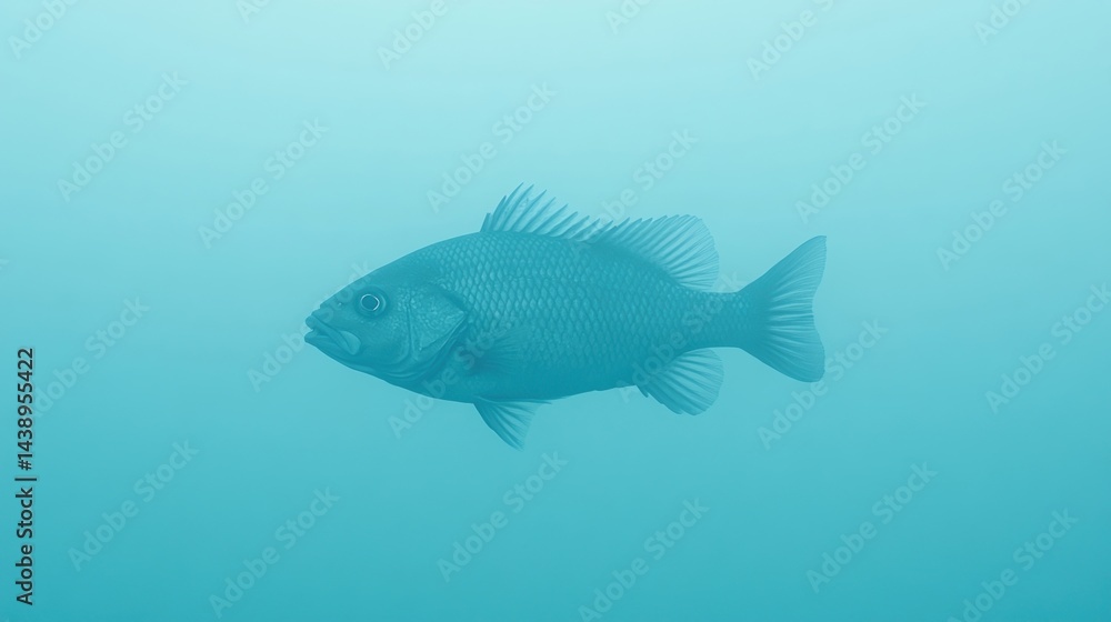 Naklejka premium A solitary fish swims gracefully in a serene underwater environment, surrounded by soft blue hues.