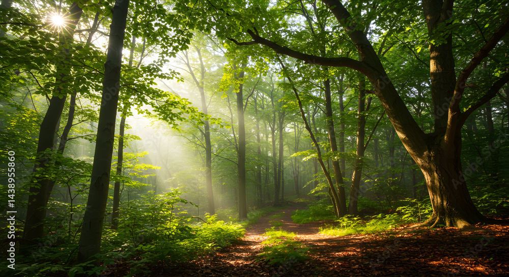 Naklejka premium Forest with Sun Rays and Green Leaves