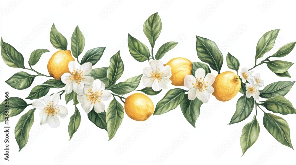 Obraz premium Watercolor Lemon Blossoms Fruit Border