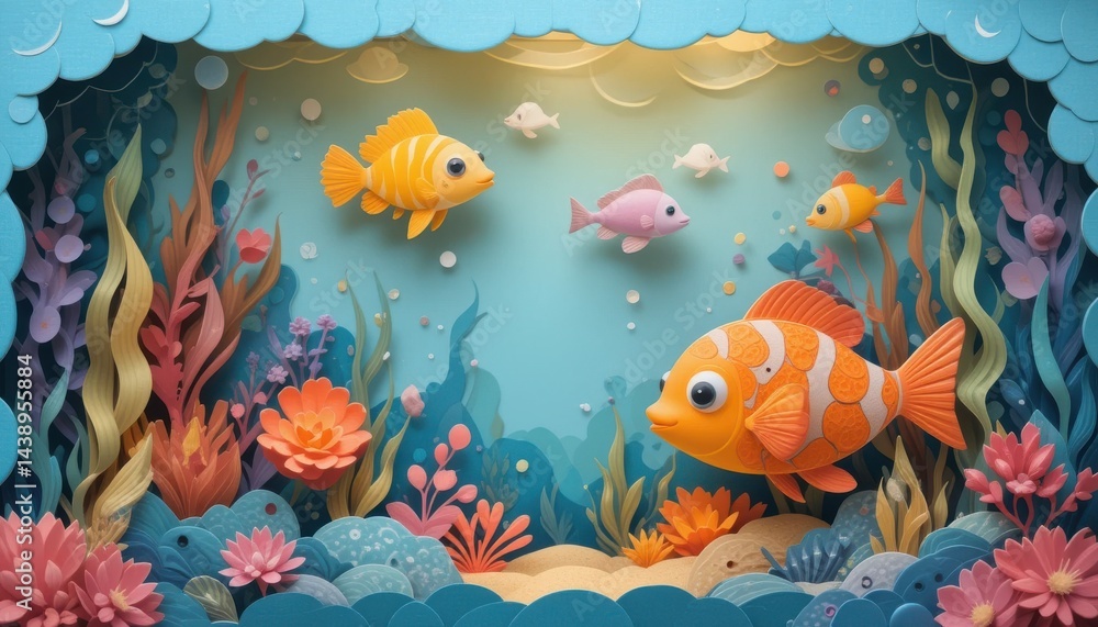 Naklejka premium A stylized scene of fish among plants.