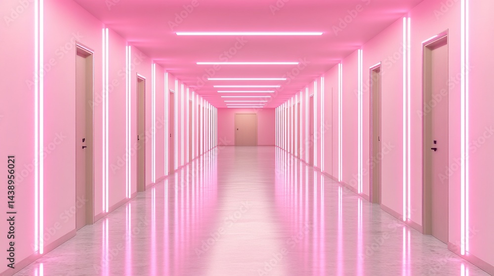 Pink neon-lit hallway with doors and reflective floor
