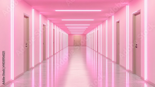 Obraz na płótnie Pink neon-lit hallway with doors and reflective floor w salonie