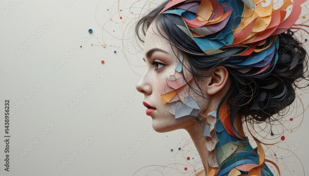 Naklejka premium A woman's face in profile with colorful geometric shapes.