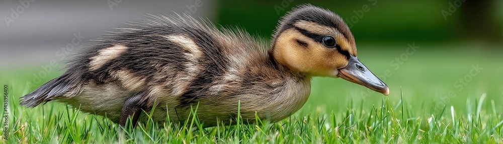 Fototapeta premium A close-up of a fluffy duckling walking on green grass, showcasing its detailed feathers and curious expression.