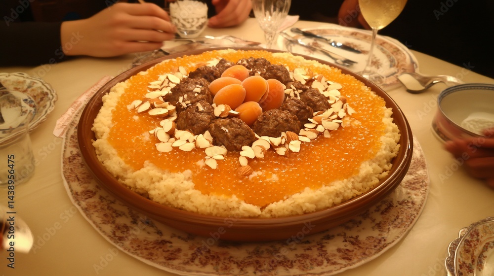A Moroccan dish, couscous with meatballs, apricots, and almonds. Hands around the plate
