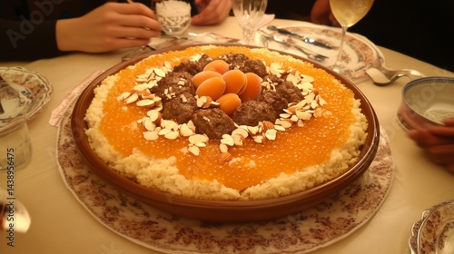 Obraz na płótnie A Moroccan dish, couscous with meatballs, apricots, and almonds. Hands around the plate w salonie
