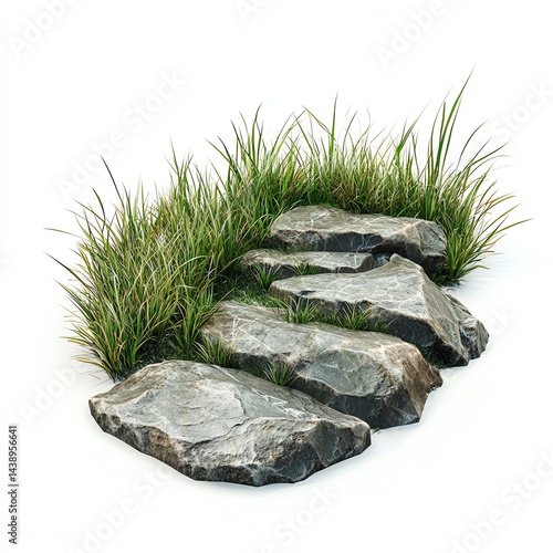 Natural stones with grass border, white isolated background.