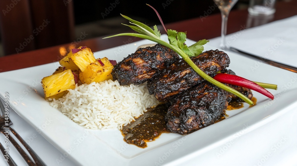 Flavorful, blackened poultry dish with rice and pineapple