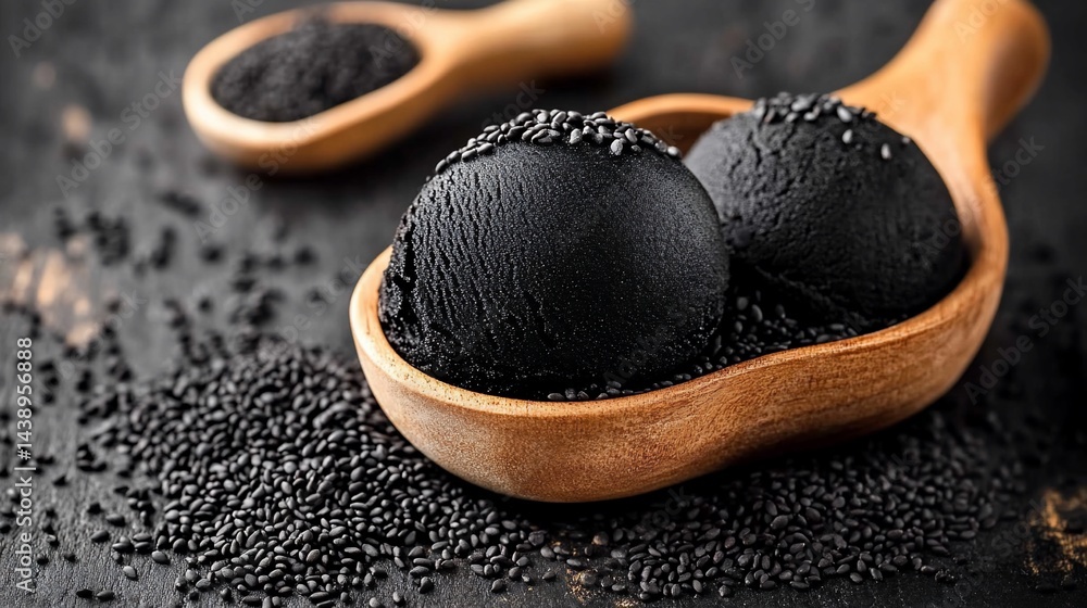 Two scoops of dark ice cream in a wooden scoop, surrounded by black seeds