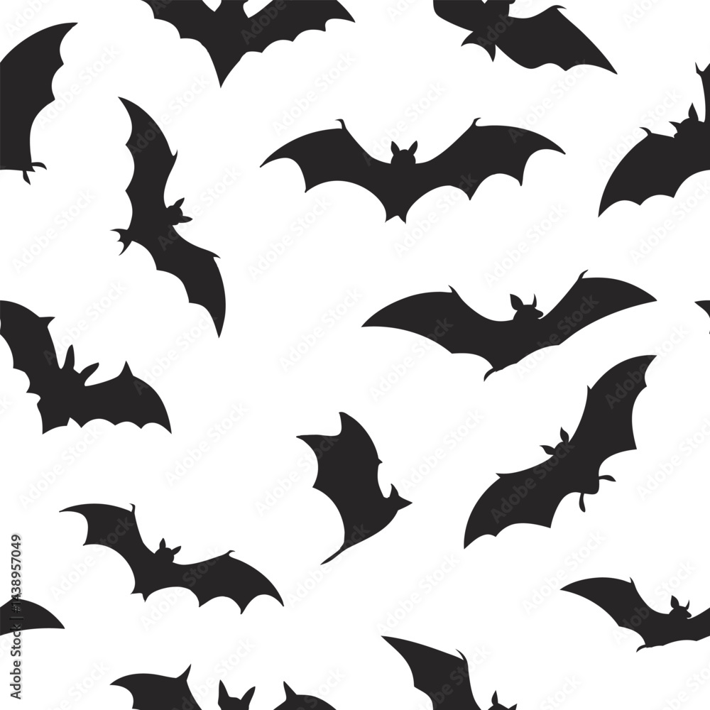 Seamless pattern featuring bat silhouettes in various flying poses Seamless pattern featuring bat silhouettes in various flying poses