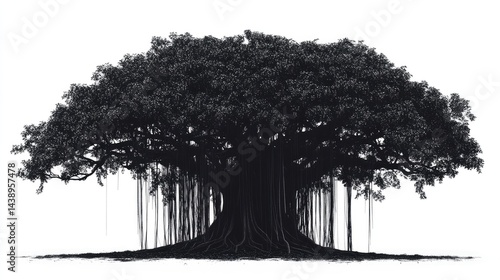 Silhouetted banyan tree against white background