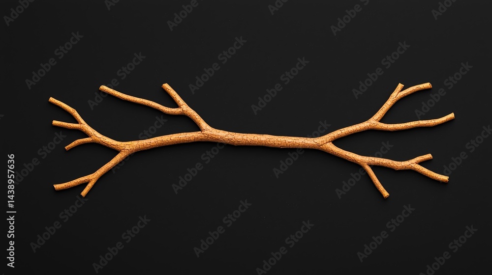 Fototapeta premium A simple, textured branch lies flat against a dark background, showcasing its natural forms and intricate patterns.