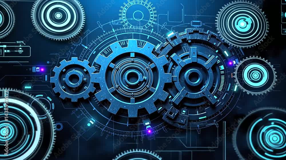 Intricate blue mechanical gears with glowing elements on a dark tech background Intricate blue mechanical gears with glowing elements on a dark tech background