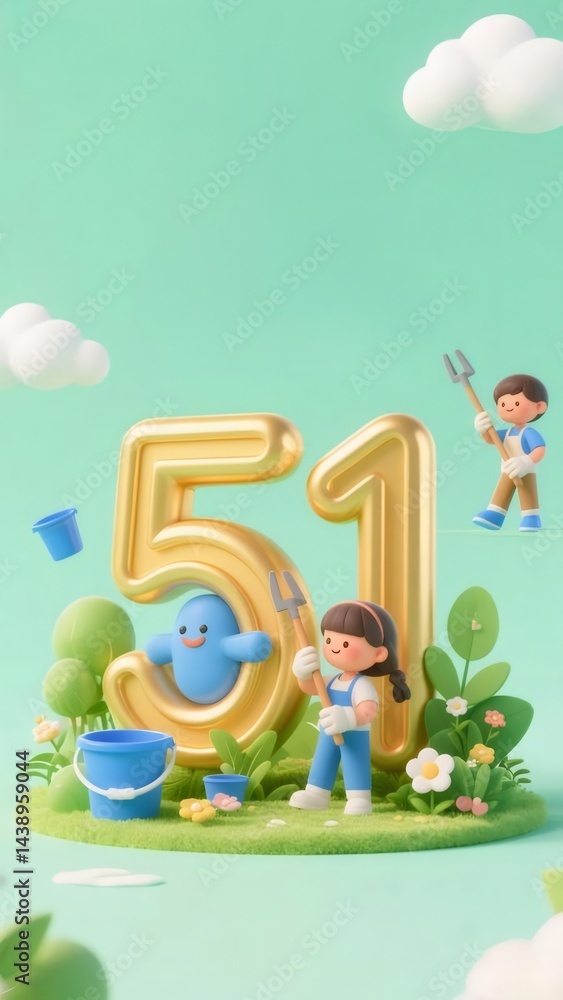 ゴールデン51の数字と庭師の子供たち 芝生と緑の背景にいる 雲と花 バケツとシャベル 明るく幸せなイラスト ゴールデン51の数字と庭師の子供たち 芝生と緑の背景にいる 雲と花 バケツとシャベル 明るく幸せなイラスト
