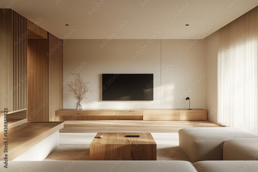 Fototapeta premium A modern, minimalist living room with white walls and wooden furniture, featuring an empty wall mockup for a TV and cabinet. The focus is on the large, flat-screen TV hanging above a sleek