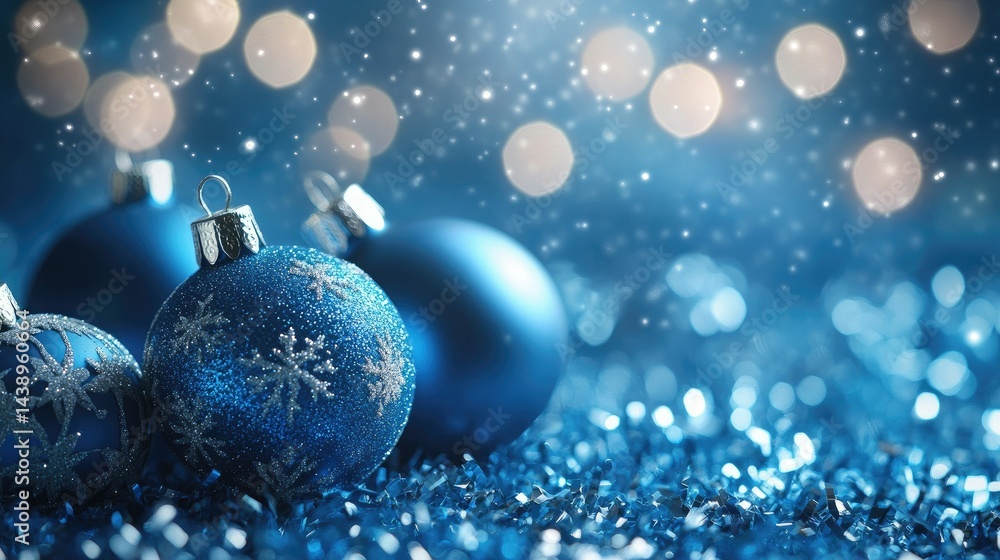 A serene winter scene featuring two blue Christmas ornaments adorned with snowflake designs. resting on a bed of shimmering silver glitter. against a blurred backdrop of soft blue bokeh lights A serene winter scene featuring two blue Christmas ornaments adorned with snowflake designs. resting on a bed of shimmering silver glitter. against a blurred backdrop of soft blue bokeh lights