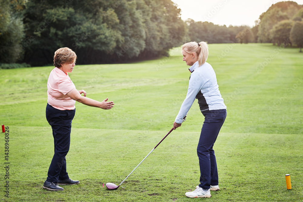 Sports, golf and woman with personal trainer on field for game, competition and practice on golfing course. Fitness coach, equipment and people with club for training, match and learning outdoors