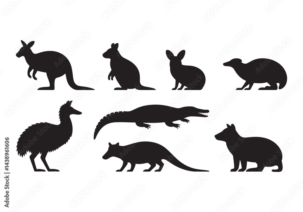 Australian animal silhouette set, kangaroo, emu, crocodile, wombat, koala, and Tasmanian devil vector Australian animal silhouette set, kangaroo, emu, crocodile, wombat, koala, and Tasmanian devil vector