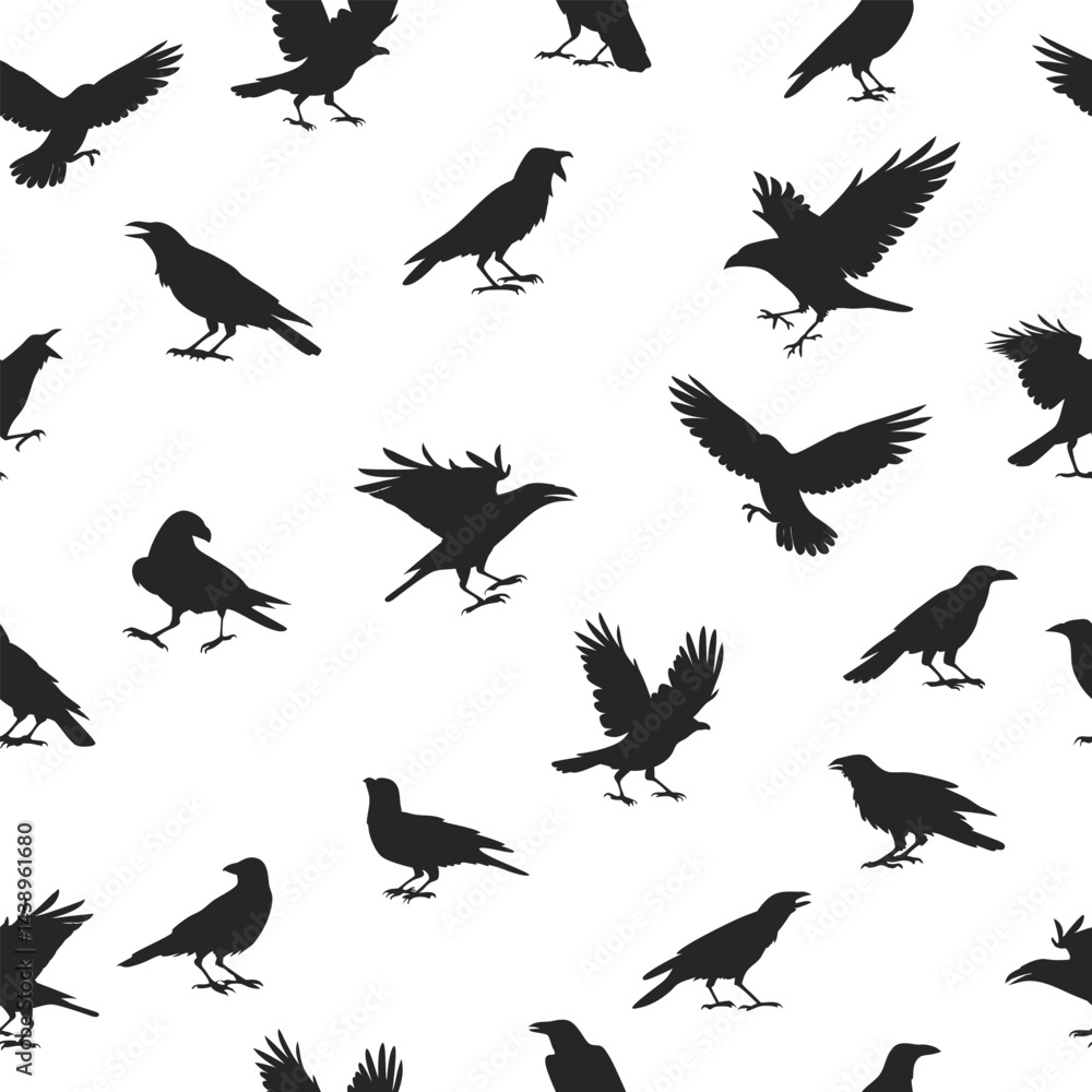 Vector seamless pattern featuring black crow silhouettes in various dynamic poses Vector seamless pattern featuring black crow silhouettes in various dynamic poses
