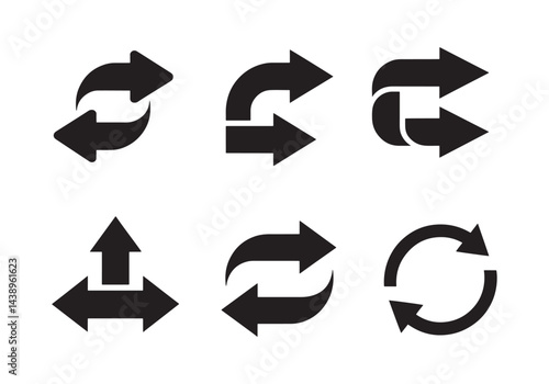 Arrow icon collection with curved, cycle, repeat, refresh, rotation, and bidirectional arrow vector