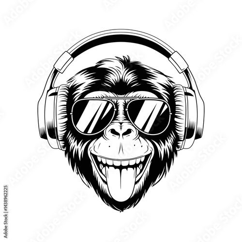 Stylized monkey face with headphones and sunglasses