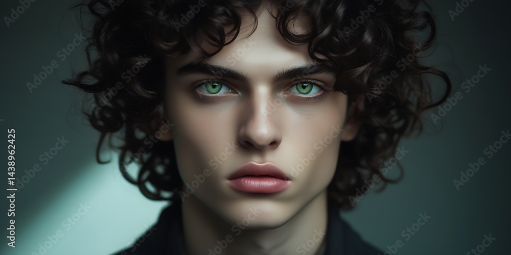 Fototapeta premium Close-up portrait of a young man with striking green eyes and curly dark hair, illuminated by natural light, showcasing intense gaze and strong facial features.