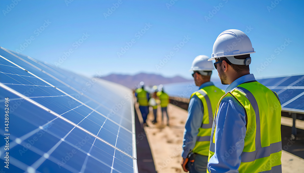 A group of engineers inspecting large solar panels A group of engineers inspecting large solar panels
