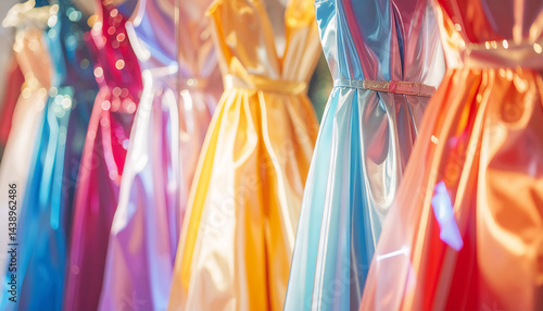 Abstract mirrored surfaces reflecting blurred colors of luxury dresses