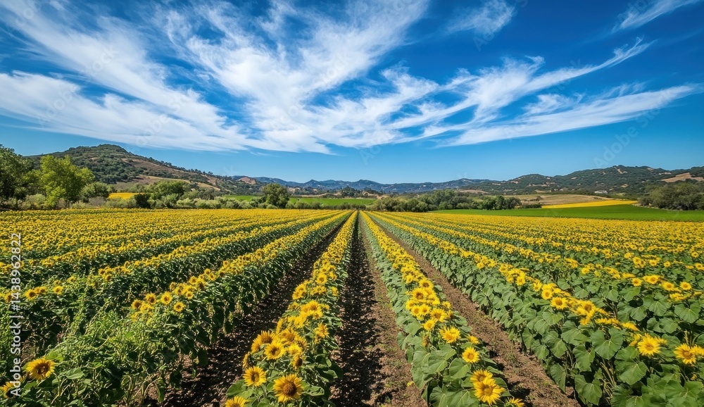 Vibrant Sunflower Field Under a Summer Sky, A Golden Landscape Vibrant Sunflower Field Under a Summer Sky, A Golden Landscape