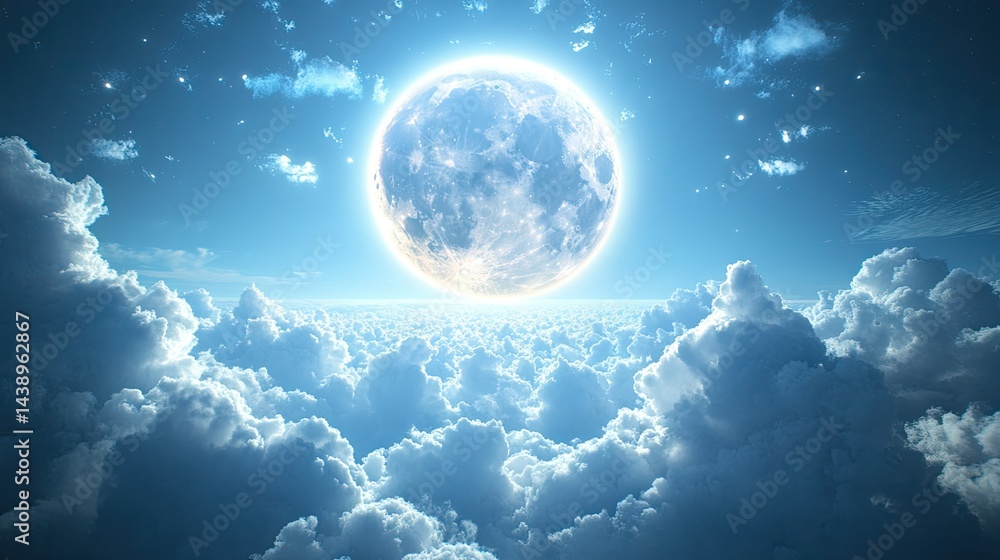 A serene view of a large. luminous moon hovering above fluffy white clouds under a bright sky. creating a tranquil atmosphere ideal for relaxation and inspiration A serene view of a large. luminous moon hovering above fluffy white clouds under a bright sky. creating a tranquil atmosphere ideal for relaxation and inspiration