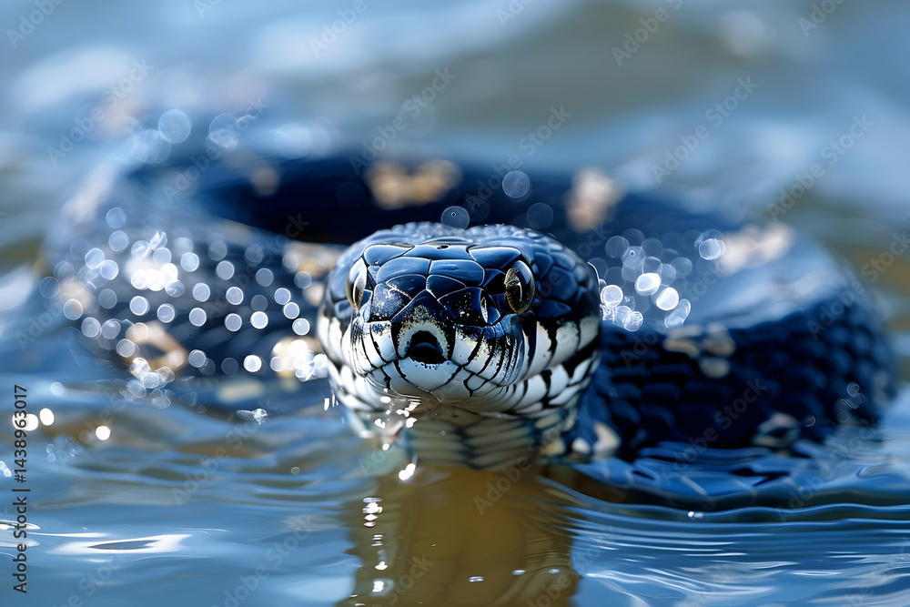 Black Snake Swimming in Blue Water Black Snake Swimming in Blue Water