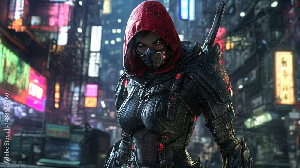 A female assassin with a red hood cyber technology covering her face on a war-torn street A female assassin with a red hood cyber technology covering her face on a war-torn street