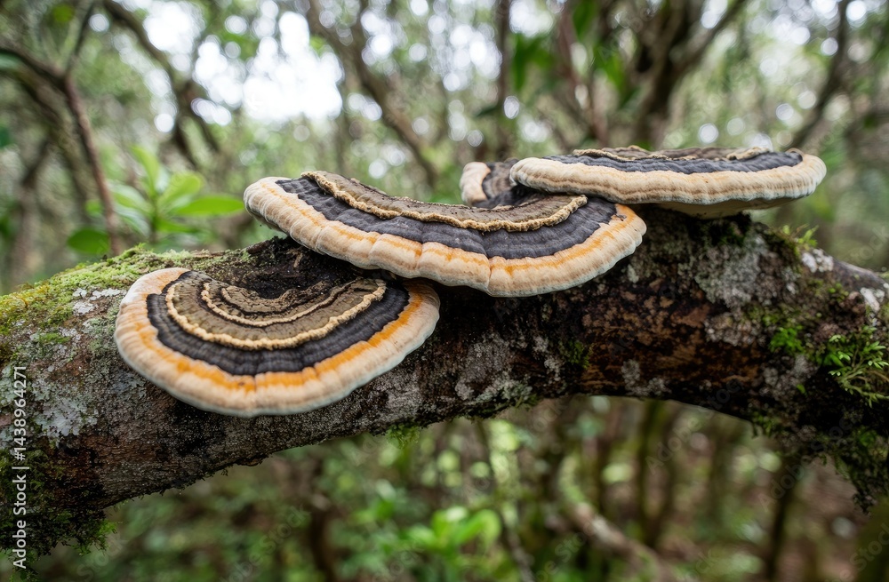Naklejka premium A close-up view of mushrooms growing on the side of a tree trunk in a lush green forest. with soft-focus trees in the background creating a serene and natural atmosphere