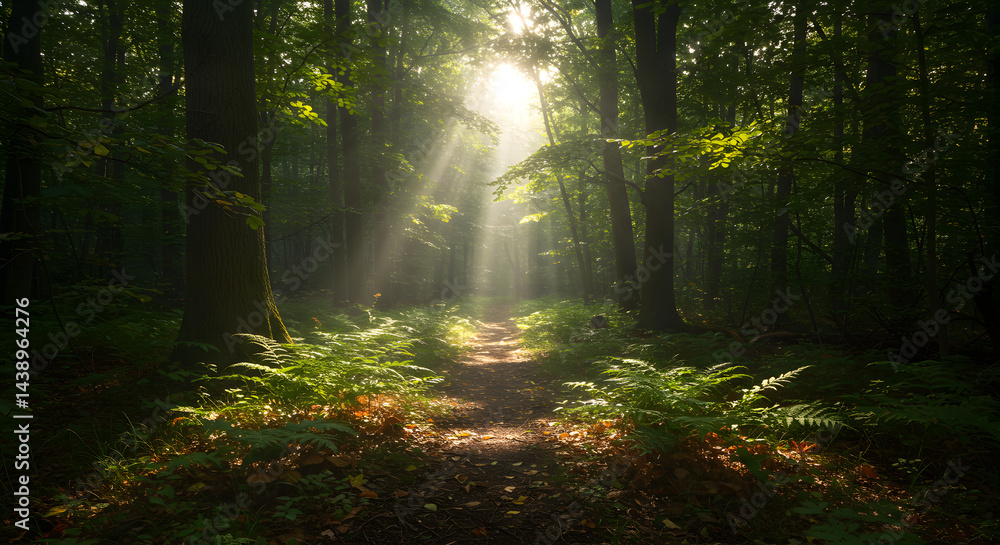 Fototapeta premium Sunlight Streaming Through Forest Trees Illuminating a Path and Ferns