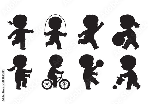 Kids playing silhouette set, running, jumping rope, riding bike, playing ball, and pushing toy vector
