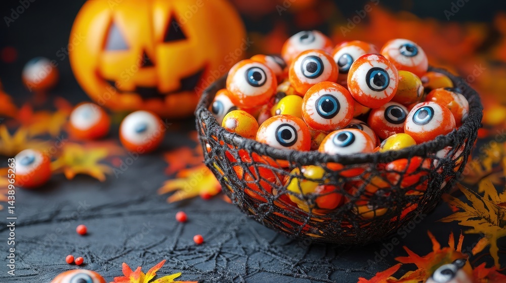 Fototapeta premium Halloween Candy Eyeballs in Basket with Pumpkin
