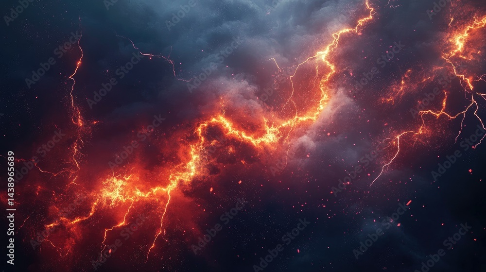 Fototapeta premium A dramatic volcanic eruption showcasing molten lava flowing through rocky crevices. surrounded by billowing smoke and ash clouds. creating a mesmerizing and fiery landscape