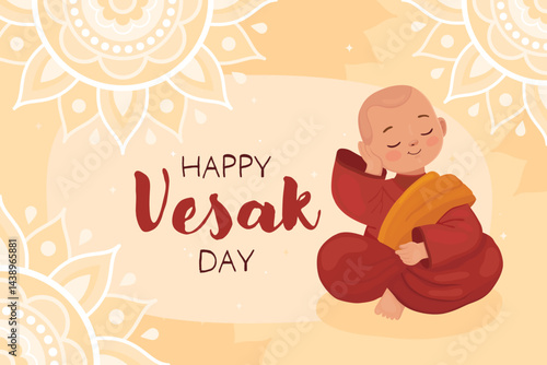 Happy Vesak day, card for buddhist holiday. Cute character, little boy Buddhist monk in red clothes. Thoughtful smiling monk.