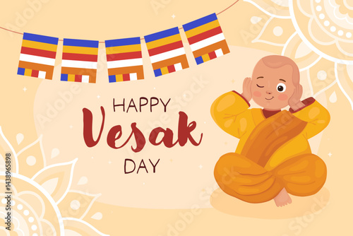 Happy Vesak day, card for buddhist holiday. Cute character, little boy Buddhist monk in yellow clothes and a garland of Buddhist flags. Smiling monk covers his ears with his hands.