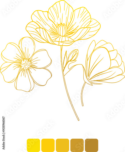 Vector gold line flowers illustration. Nature blossom oriental graphic, romantic decoration floral background, art deco ornate roses, peonies. Vector illustration of a flower.