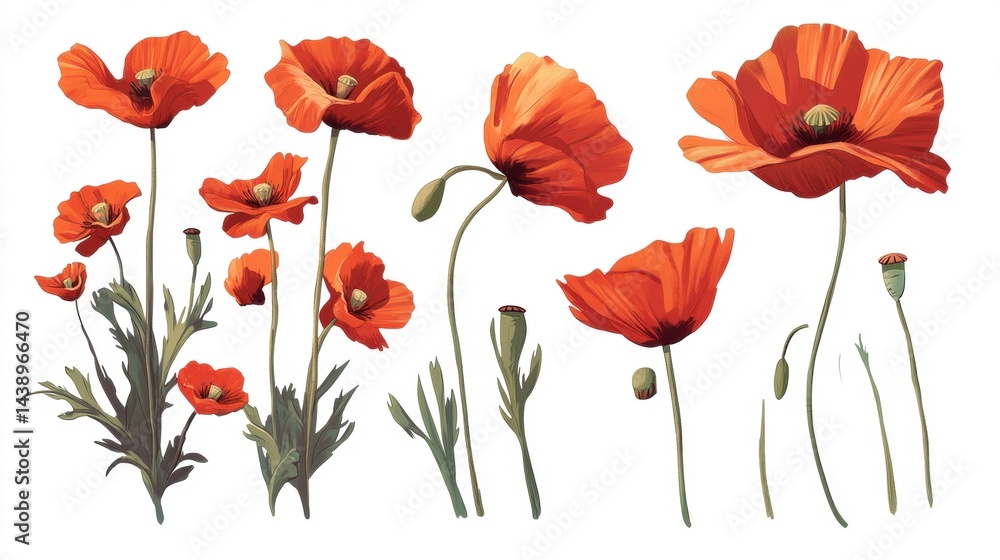 Obraz premium Red Poppies Floral Collection Botanical Illustration
