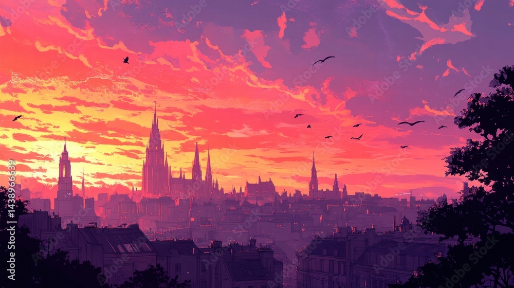 Fototapeta premium Vibrant Sunset Cityscape Birds Flying Orange Sky City Architecture