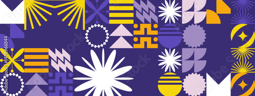 Abstract design with purple, yellow, pink, and white shapes suitable for background, branding, packaging, and web graphics projects.