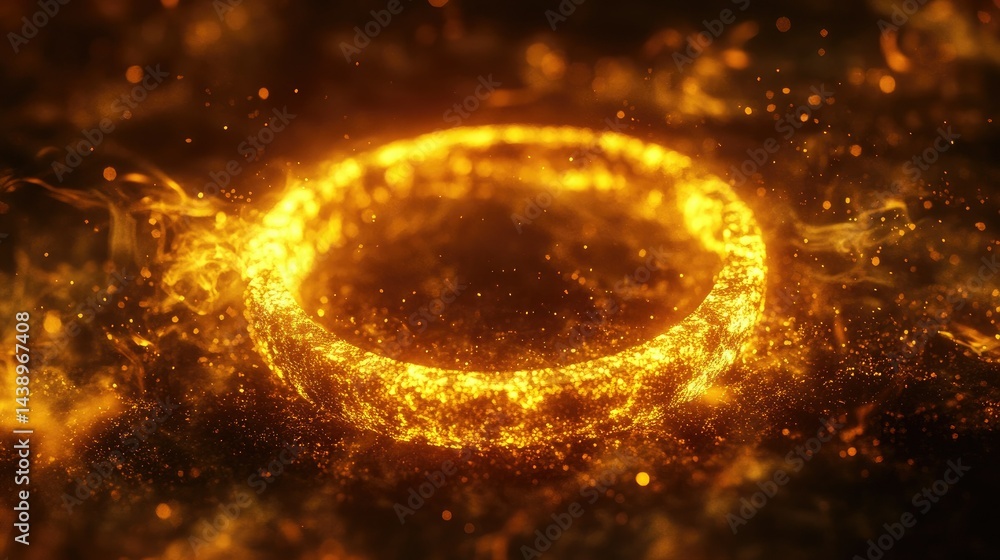 A mesmerizing golden ring surrounded by shimmering particles in a dynamic. swirling backdrop. evoking a sense of magic and wonder. ideal for digital art and fantasy themes A mesmerizing golden ring surrounded by shimmering particles in a dynamic. swirling backdrop. evoking a sense of magic and wonder. ideal for digital art and fantasy themes