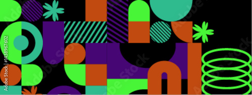 Geometric abstract design with green orange and purple shapes suitable for backgrounds, prints, brochures, packaging, and digital marketing materials.