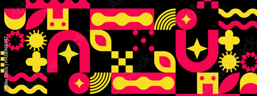 Abstract pattern of red, yellow, and black shapes suitable for backgrounds, wallpapers, textiles, packaging, and graphic designs needing a bold color palette.