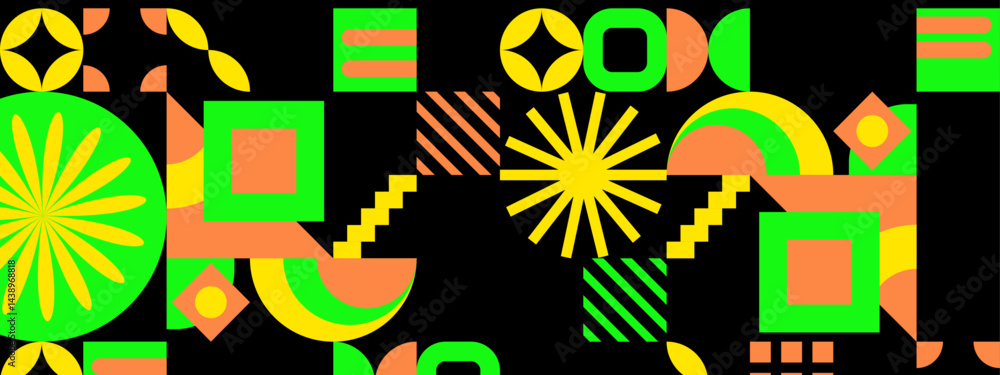 Fototapeta premium Geometric abstract art with yellow, green, and orange shapes suitable for backgrounds, posters, prints, and digital designs. Bright and dynamic.
