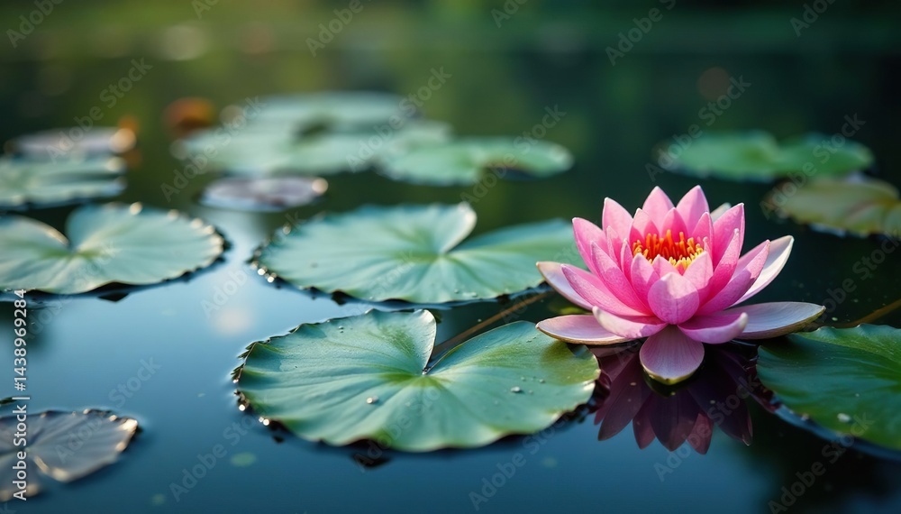 Water lilies form intricate floral pattern on calm lake surface, still, peaceful, natural Water lilies form intricate floral pattern on calm lake surface, still, peaceful, natural