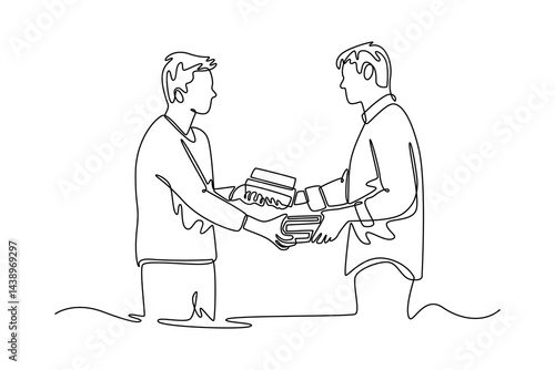 Neighbor sharing concept. Single line draw design. Vector graphic illustration