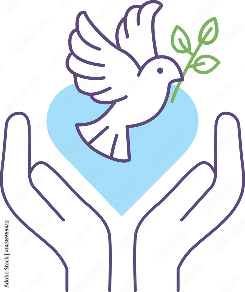 Naklejka premium 잎사귀를 문 비둘기와 감싸는 두 손, 파란 하트